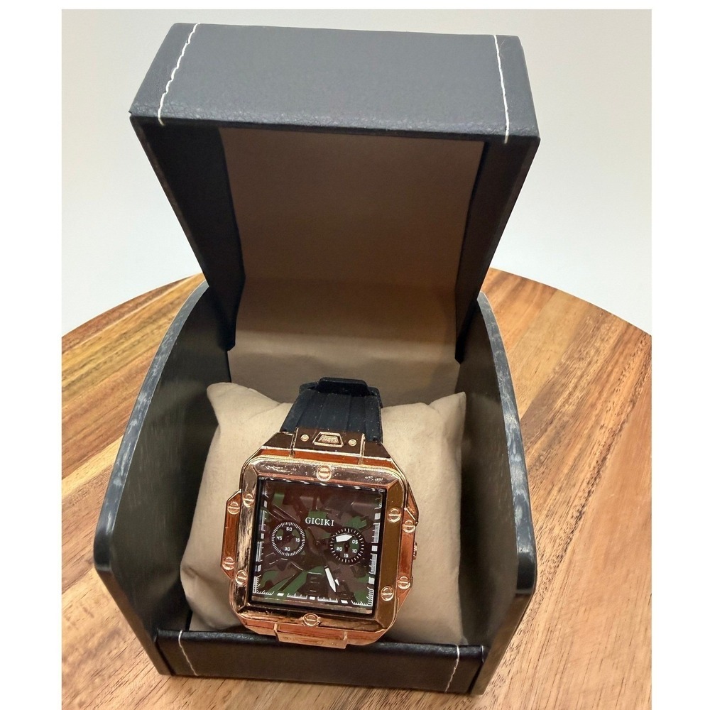 Giciki Mens Watch Rose Gold Square Case Camo Dial Black Silicone Strap 0464